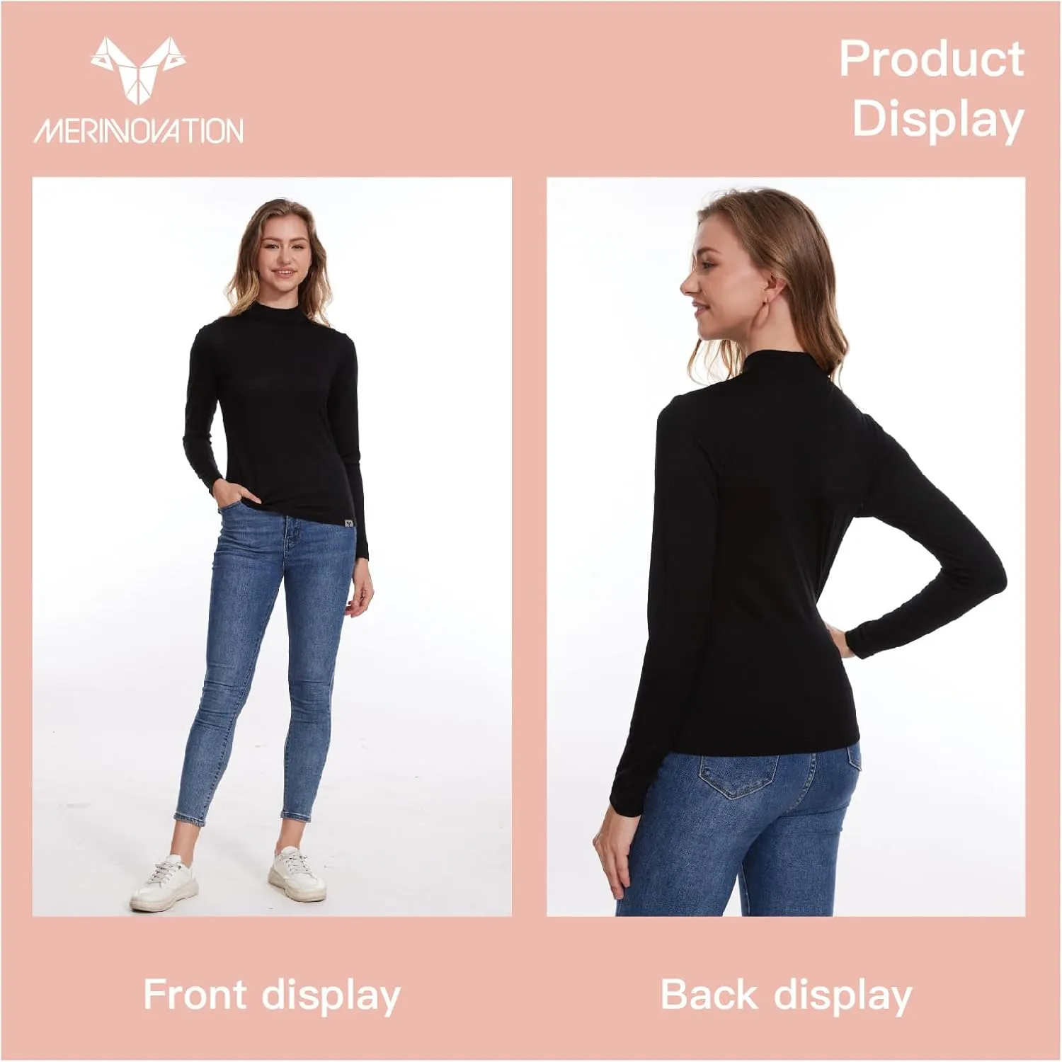 Merino Wool Base Layer Women 100% Merino Wool Long Sleeve Thermal Shirts for Women for Skiing Hiking Womens Turtle Neck Top
