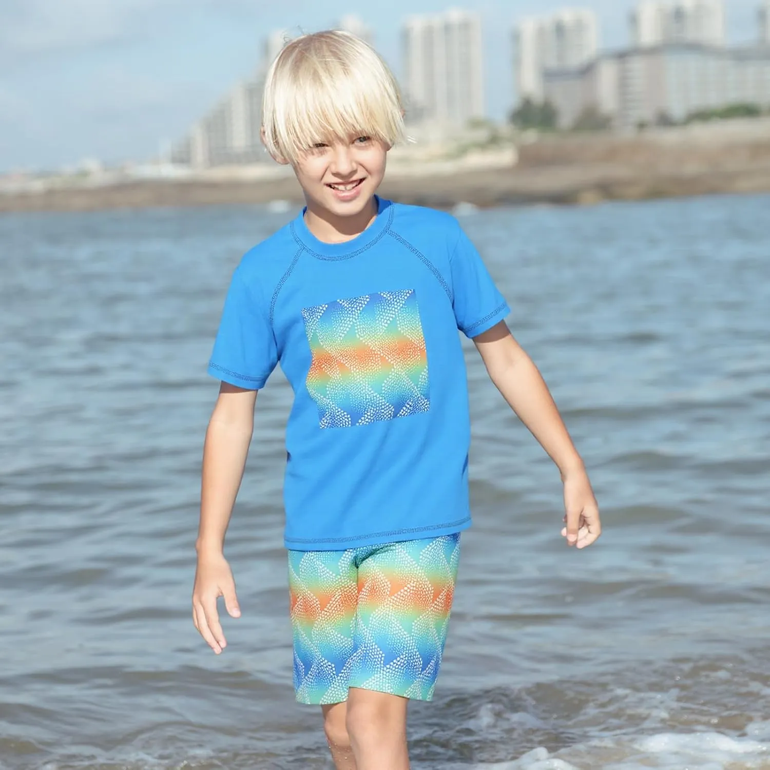 Moon Tree Boys Rash Guard Set for Boys 2 Piece Swimsuits Short Sleeve Bathing Suits with Trunks Quick Dry Swim Shirts