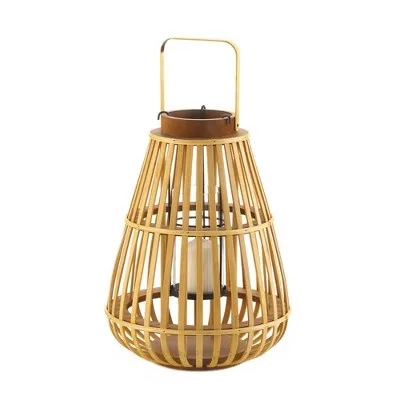 Open Box - 13.75" Wood Slat Outdoor Lantern Tan - Zingz & Thingz: Patio Candle Holder, Bronze Plated Finish