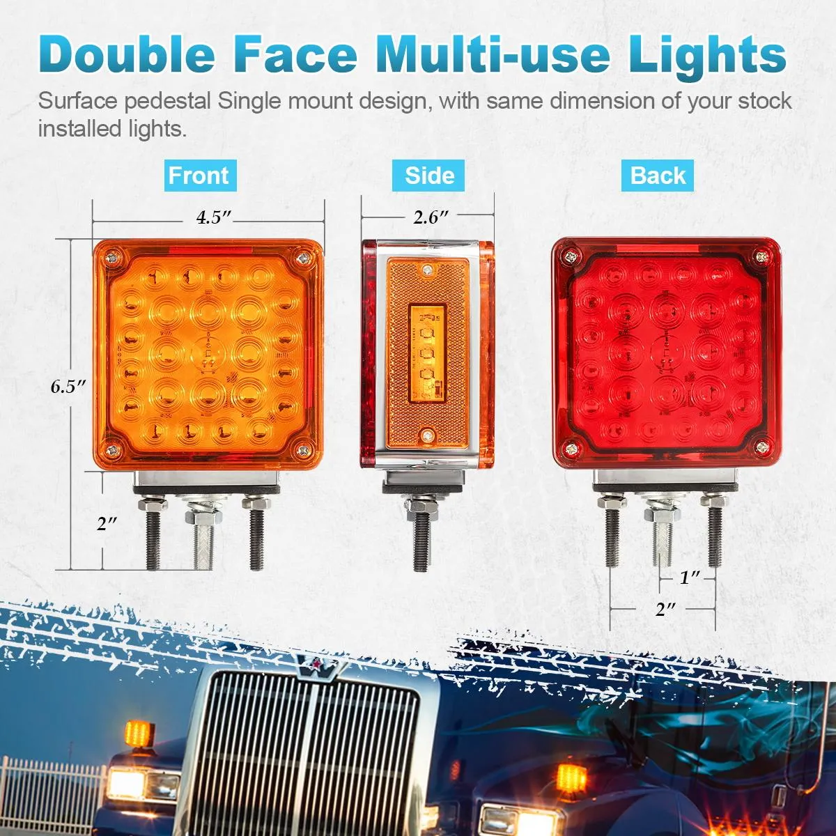 Partsam 2Pcs Square Dual Double Face Fender Stop Turn Signal Tail 52 LED Amber/Red, Truck Trailer Double Face Led Pedestal Lights Waterproof, Dual-face lights with Three Studs Waterproof