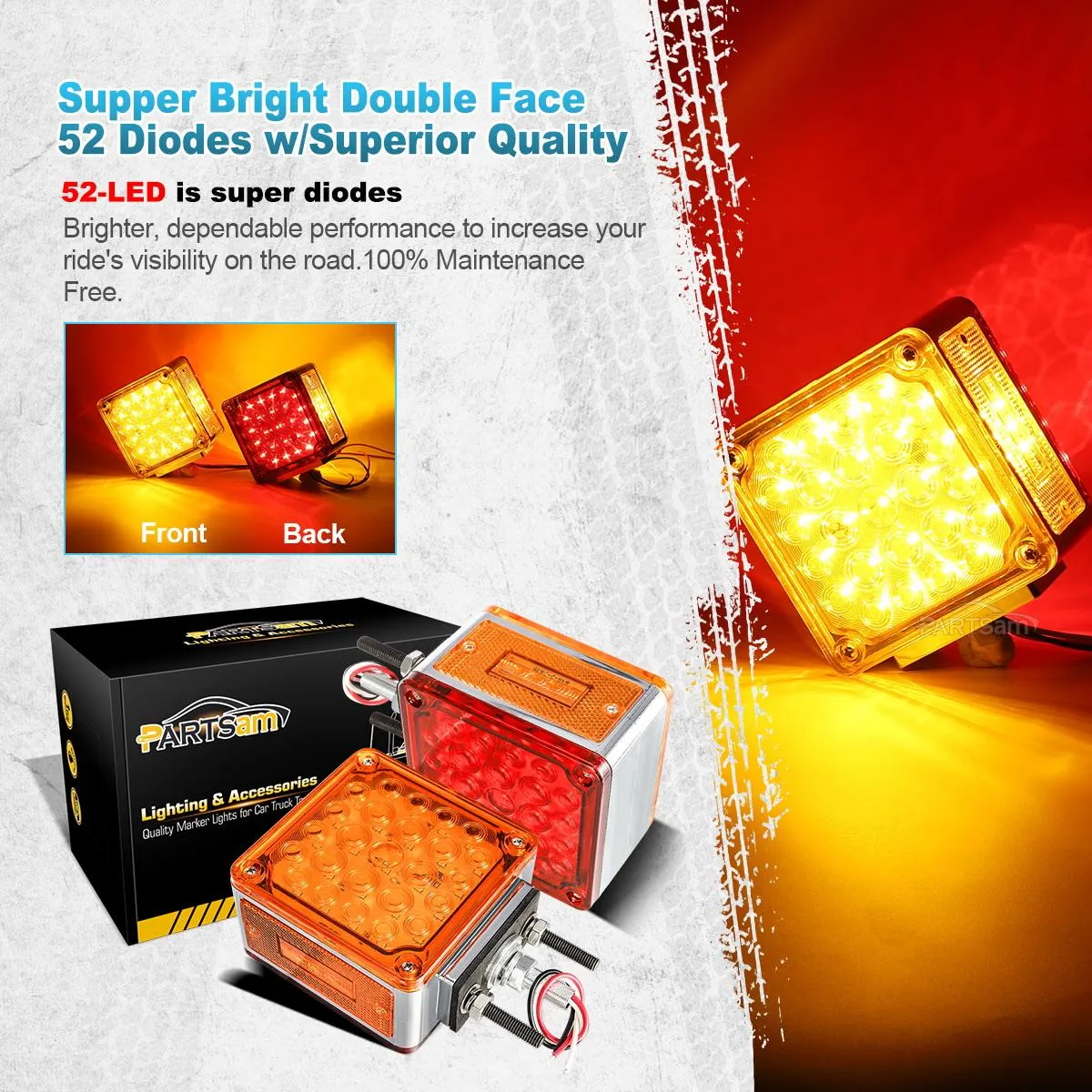 Partsam 2Pcs Square Dual Double Face Fender Stop Turn Signal Tail 52 LED Amber/Red, Truck Trailer Double Face Led Pedestal Lights Waterproof, Dual-face lights with Three Studs Waterproof