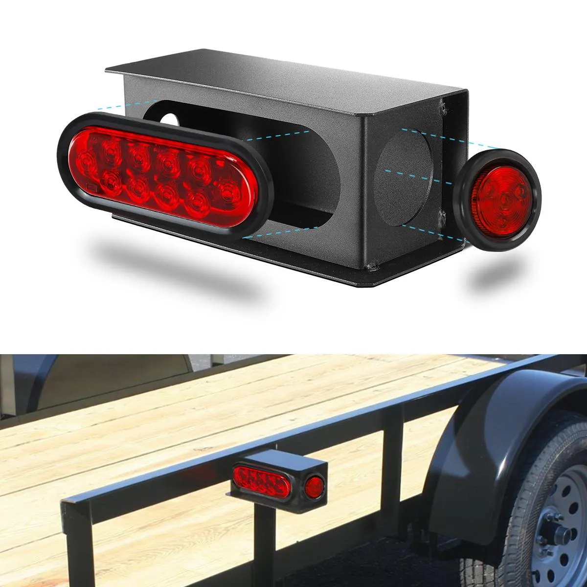 Partsam 2Pcs Steel Trailer RV Light Boxes Housing Kit w/ 6 Inch Oval Red Led Trailer Tail Lights 10LED and 2 Inch Red Round Led Side Marker Lights 4LED w/Grommets and Wire connectors
