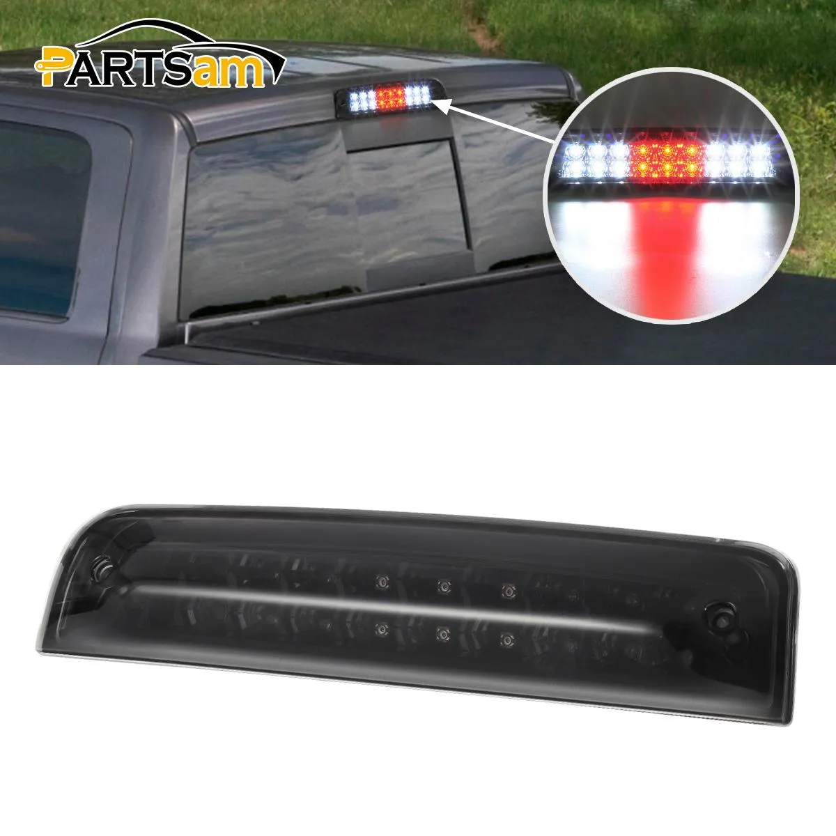 Partsam High Mount 3rd Third Brake Light Replacement For Dodge Ram 2009-2017 1500 2500 3500 Red/White 27 LED Rear Cab Roof Center Mount Tail Cargo Lights Lamps Smoke Lens Black Housing Waterproof