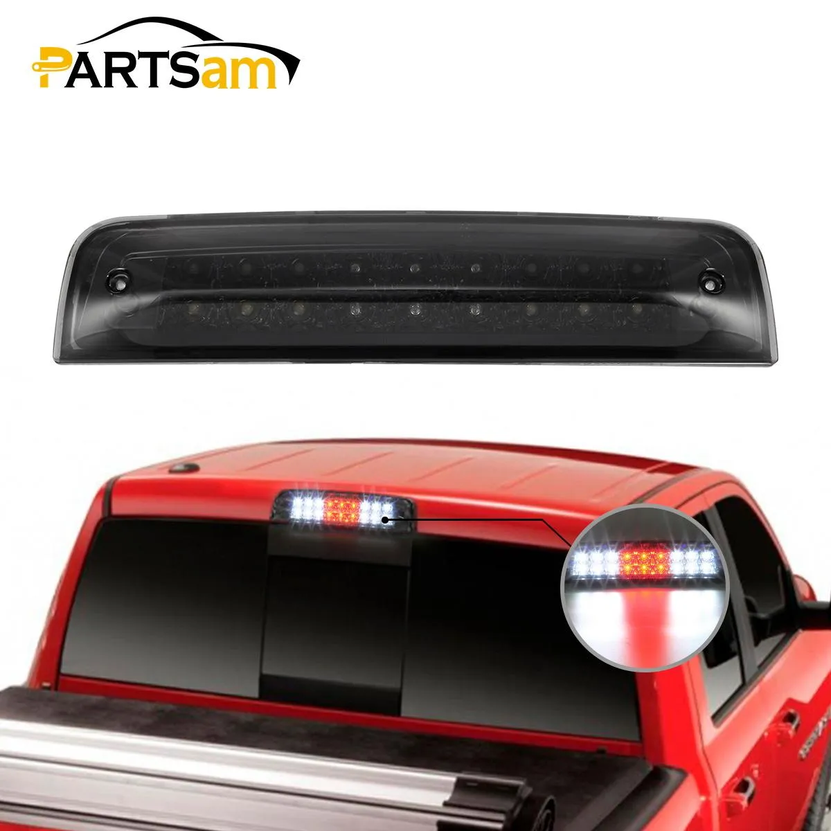 Partsam High Mount 3rd Third Brake Light Replacement For Dodge Ram 2009-2017 1500 2500 3500 Red/White 27 LED Rear Cab Roof Center Mount Tail Cargo Lights Lamps Smoke Lens Black Housing Waterproof