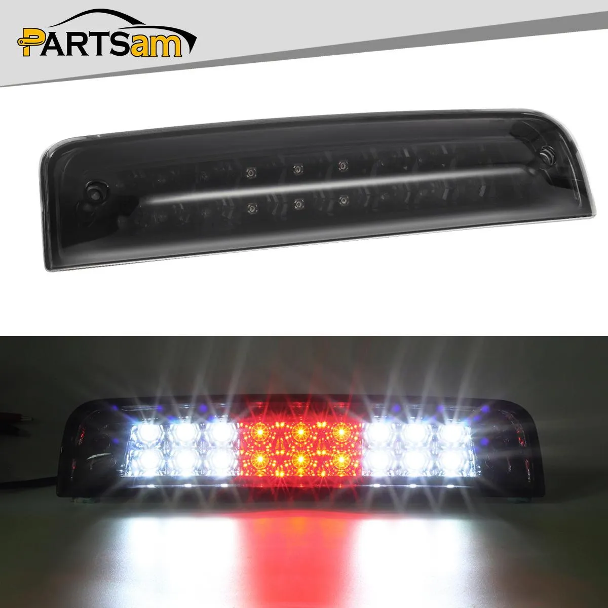 Partsam High Mount 3rd Third Brake Light Replacement For Dodge Ram 2009-2017 1500 2500 3500 Red/White 27 LED Rear Cab Roof Center Mount Tail Cargo Lights Lamps Smoke Lens Black Housing Waterproof
