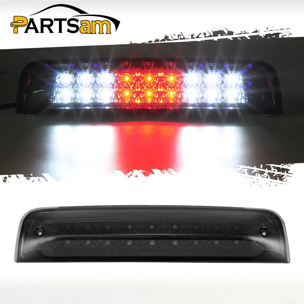 Partsam High Mount 3rd Third Brake Light Replacement For Dodge Ram 2009-2017 1500 2500 3500 Red/White 27 LED Rear Cab Roof Center Mount Tail Cargo Lights Lamps Smoke Lens Black Housing Waterproof