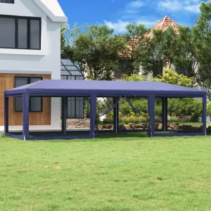 Party Tent with 8 Mesh Sidewalls Blue 9x4 m HDPE