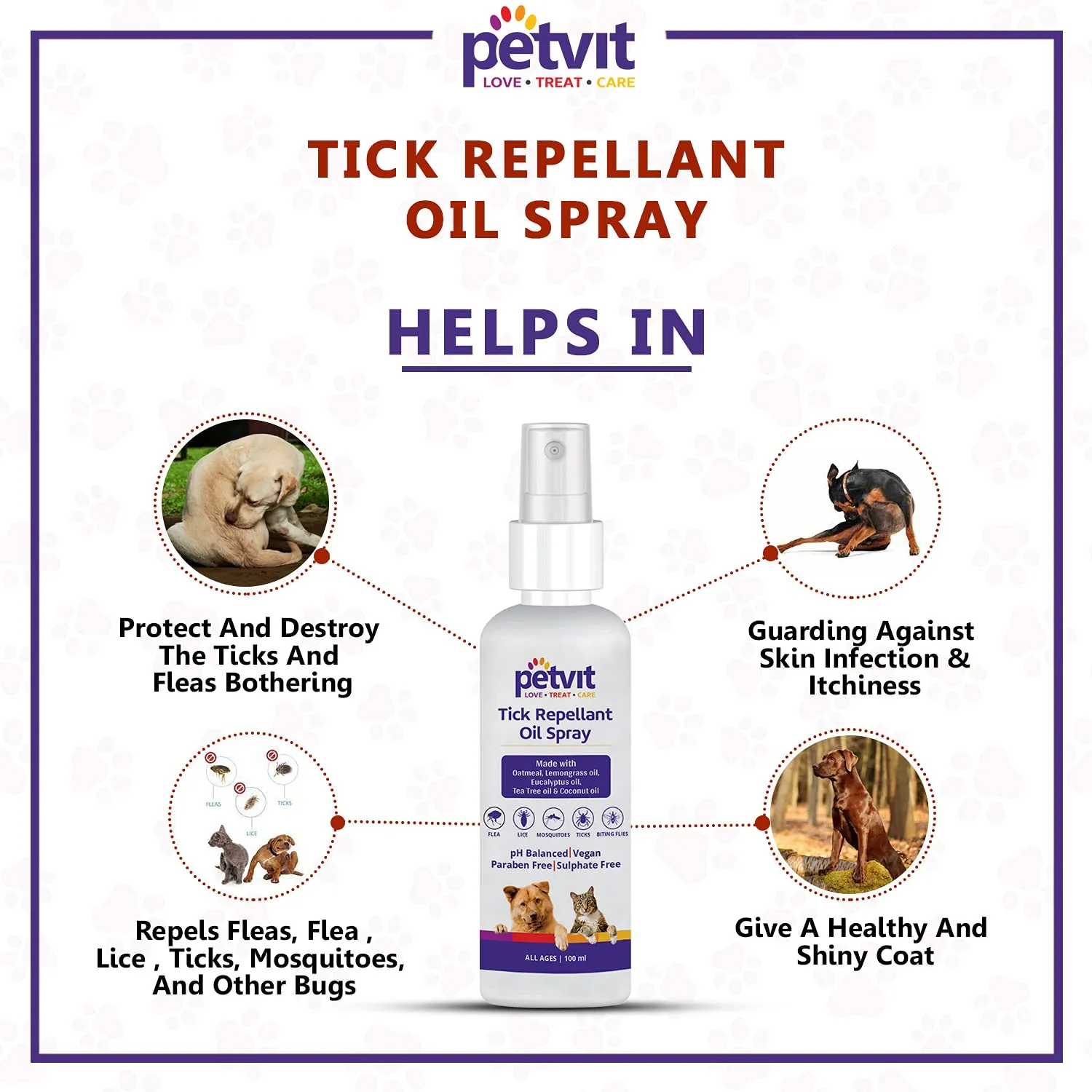 Petvit Tick Repellent Oil Spray with Coconut Oil, Tea Tree Oil, Eucalyptus Oil | Anti Tick Spray for All Breed Dogs & Cats –100 ml