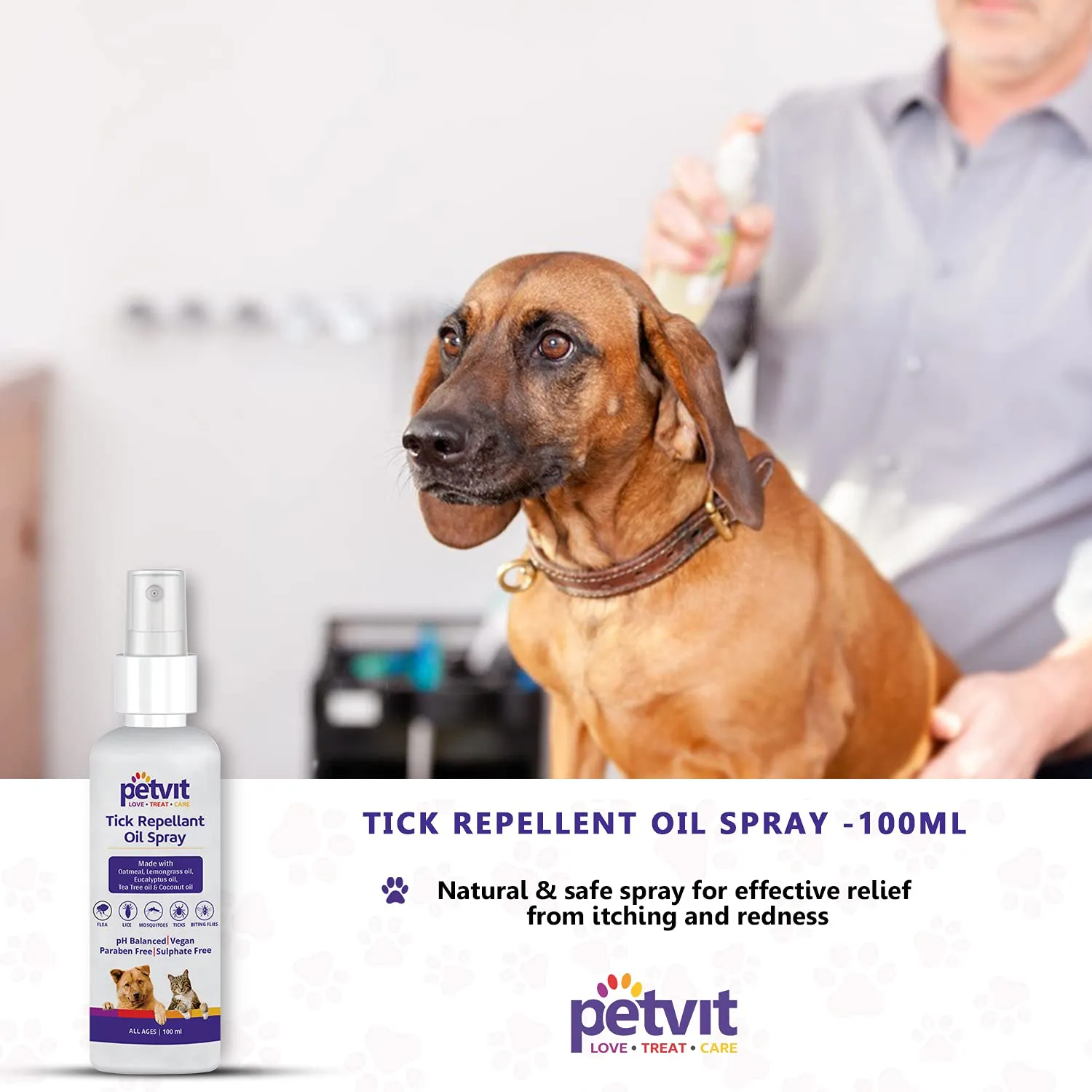 Petvit Tick Repellent Oil Spray with Coconut Oil, Tea Tree Oil, Eucalyptus Oil | Anti Tick Spray for All Breed Dogs & Cats –100 ml