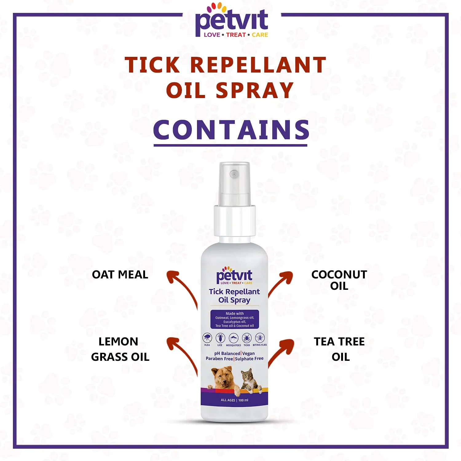 Petvit Tick Repellent Oil Spray with Coconut Oil, Tea Tree Oil, Eucalyptus Oil | Anti Tick Spray for All Breed Dogs & Cats –100 ml
