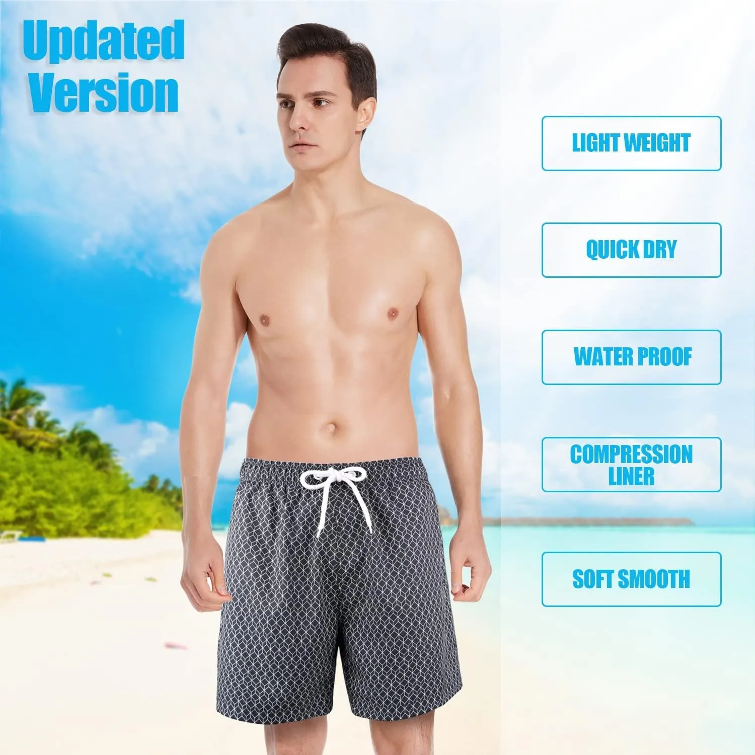 QRANSS Mens Swim Trunks with Compression Lined 7'' Swim Shorts Quick Dry Swimwear Boardshorts with Boxer Brief Liner