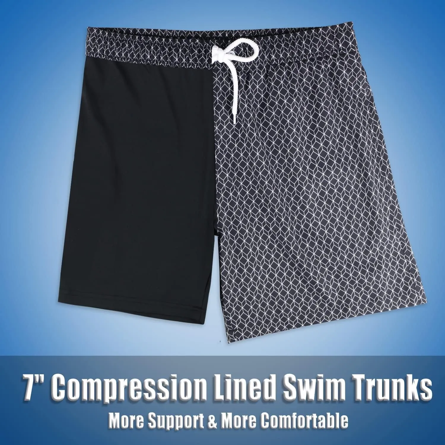 QRANSS Mens Swim Trunks with Compression Lined 7'' Swim Shorts Quick Dry Swimwear Boardshorts with Boxer Brief Liner