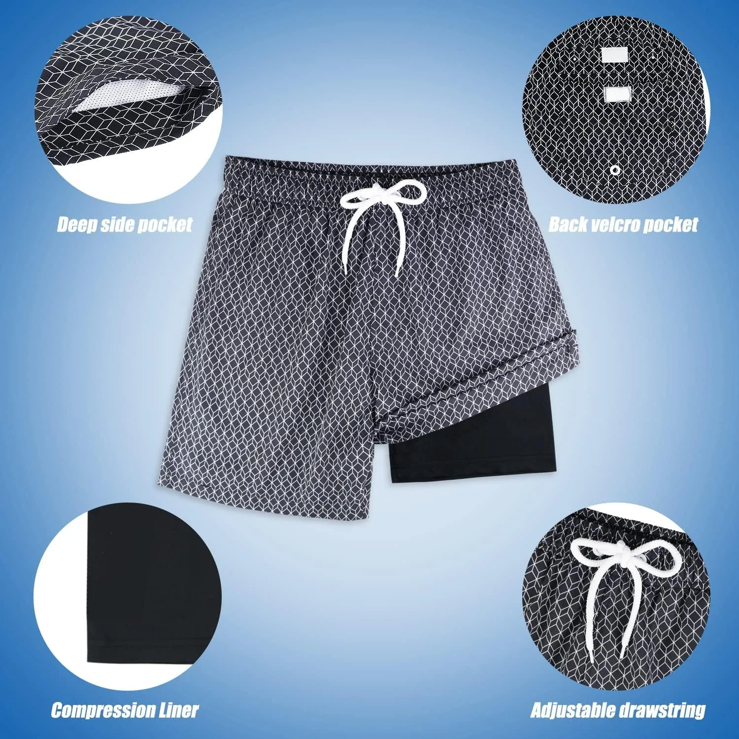 QRANSS Mens Swim Trunks with Compression Lined 7'' Swim Shorts Quick Dry Swimwear Boardshorts with Boxer Brief Liner