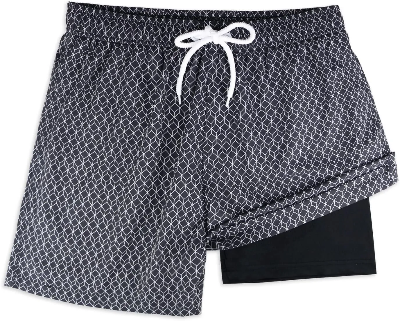QRANSS Mens Swim Trunks with Compression Lined 7'' Swim Shorts Quick Dry Swimwear Boardshorts with Boxer Brief Liner