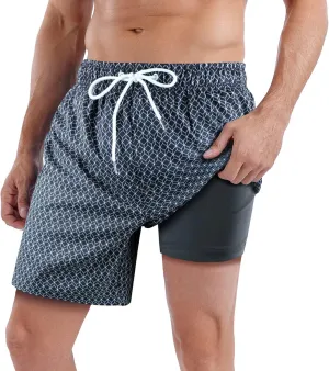 QRANSS Mens Swim Trunks with Compression Lined 7'' Swim Shorts Quick Dry Swimwear Boardshorts with Boxer Brief Liner