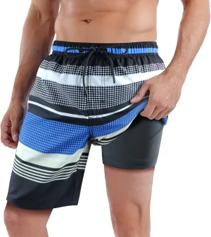QRANSS Mens Swimming Trunks with Compression Liner 9'' Quick Dry Long Swim Shorts Swimwear Boardshorts with Boxer Brief Liner