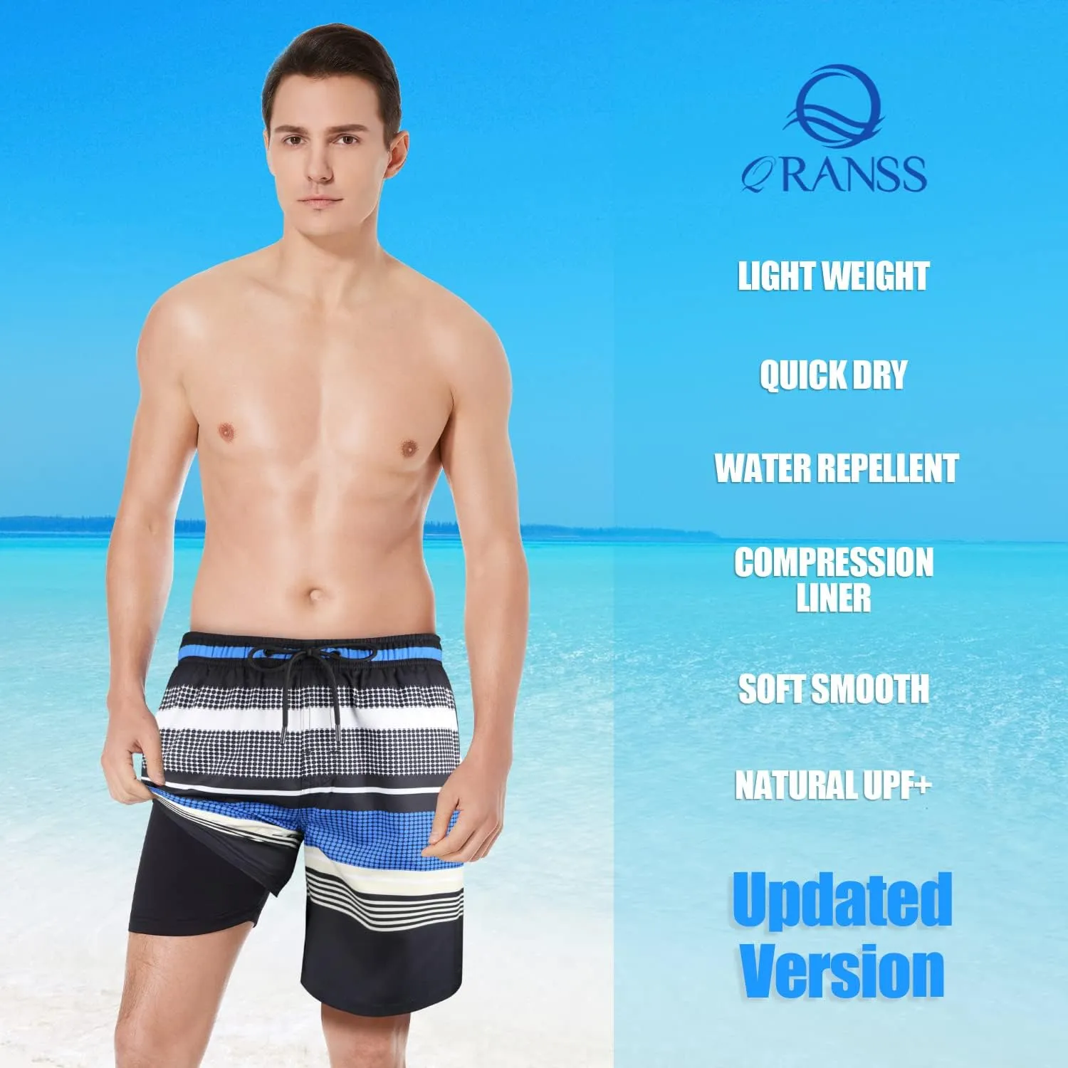 QRANSS Mens Swimming Trunks with Compression Liner 9'' Quick Dry Long Swim Shorts Swimwear Boardshorts with Boxer Brief Liner