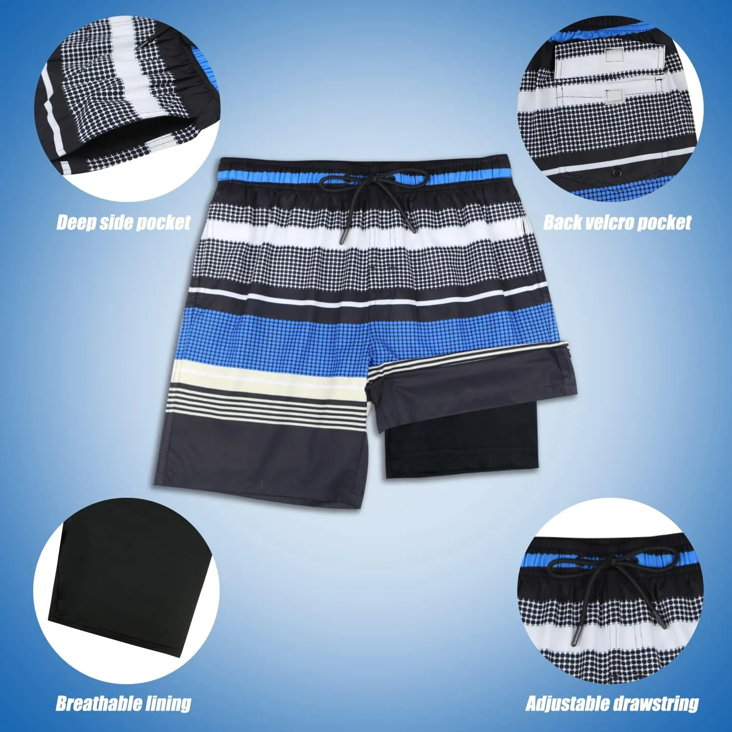 QRANSS Mens Swimming Trunks with Compression Liner 9'' Quick Dry Long Swim Shorts Swimwear Boardshorts with Boxer Brief Liner