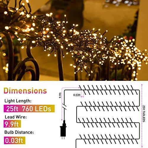 Quntis 760 LED Christmas Tree Lights – 25FT Warm White Cluster Lights with 8 Modes & Memory Function for Holiday Decor
