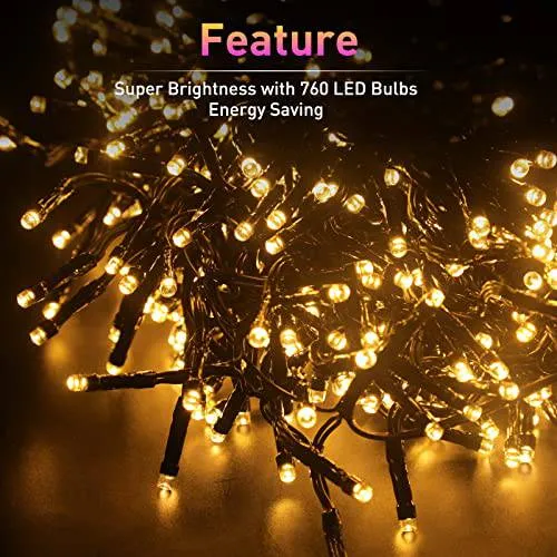 Quntis 760 LED Christmas Tree Lights – 25FT Warm White Cluster Lights with 8 Modes & Memory Function for Holiday Decor