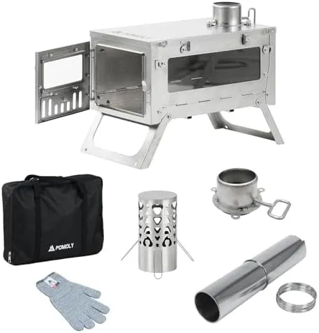 relaxed Hot Tent Stove Camping Wood Stove, POMOLY Ti 0.6 Small-Size Portable Lightweight Titanium Stove for Hiking, Cooking, Heating (Stove Pipe 6.56ft / 2m)