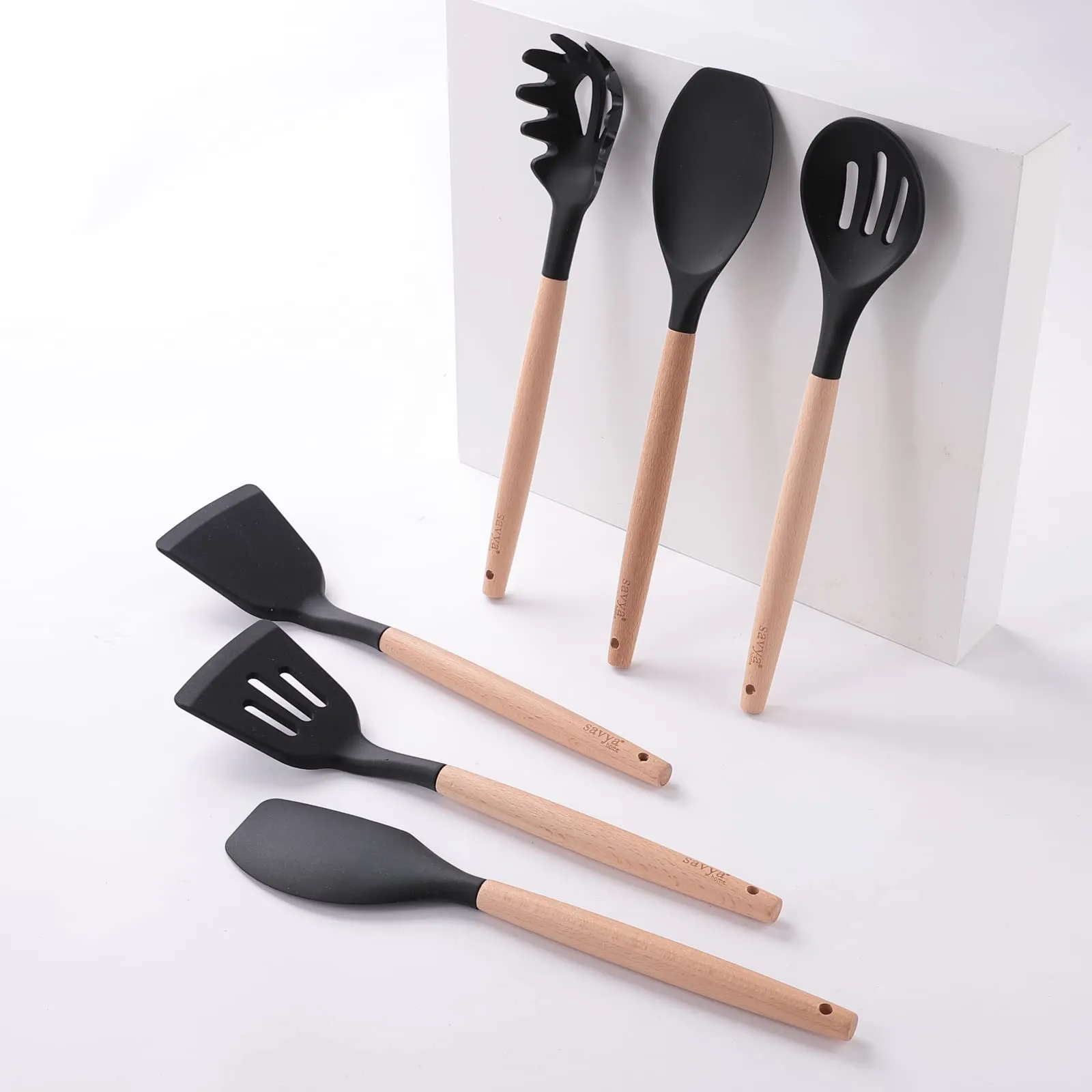 SAVYA HOME Black Silicon Spatula Set of 12 | BPA-Free & Food Grade Silicon | Non-stick Cookware Set, Kitchen Utensils Set | Cooking & Baking Essentials | Heat Resistant | Dishwasher Safe