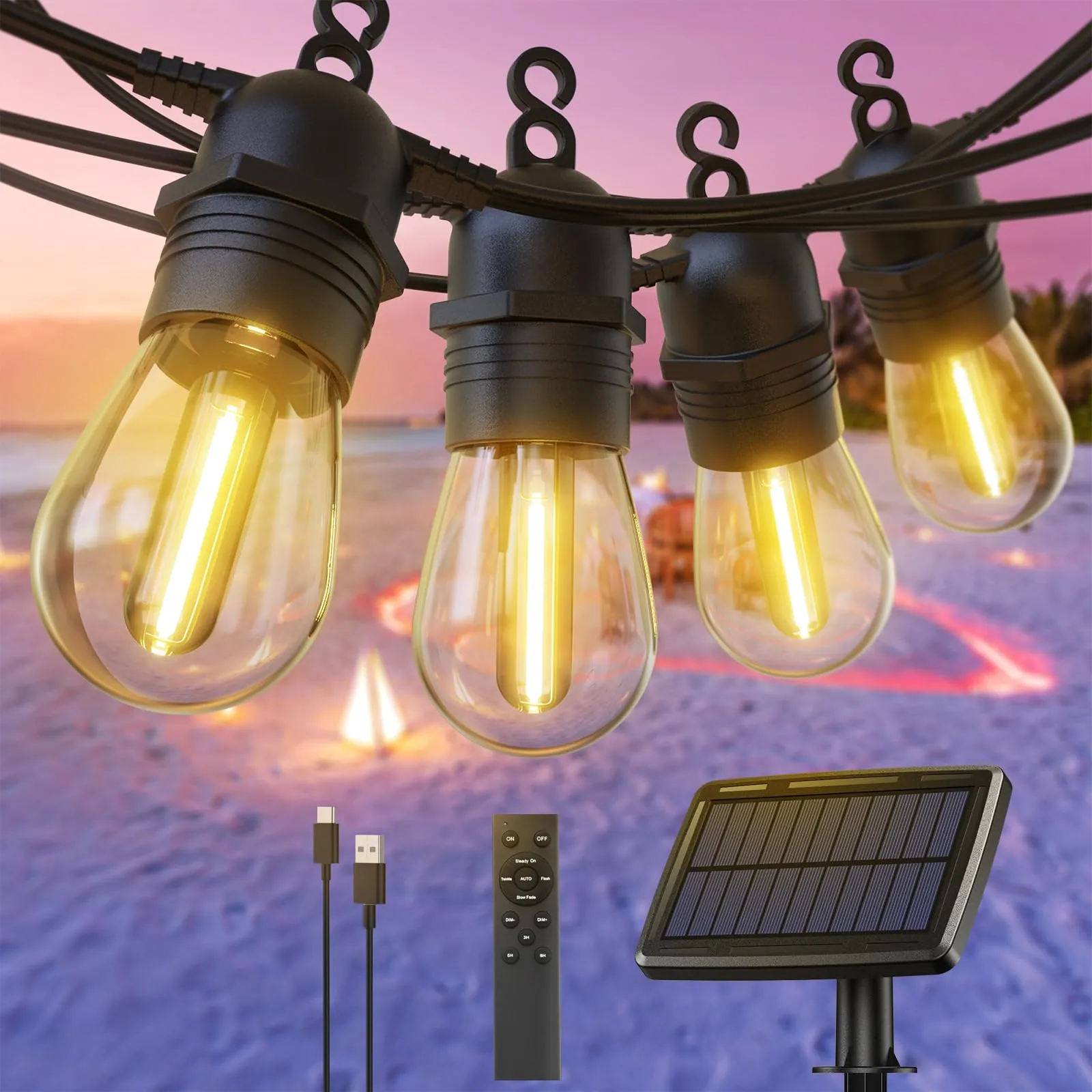 Solar Festoon Lights Outdoor, 57ft/17M S14 Dimmable Outdoor String Lights Solar Powered with Remote Control, IP65 Waterproof Outside Solar Lights with 4 Modes & Timer for Garden Patio Gazebo
