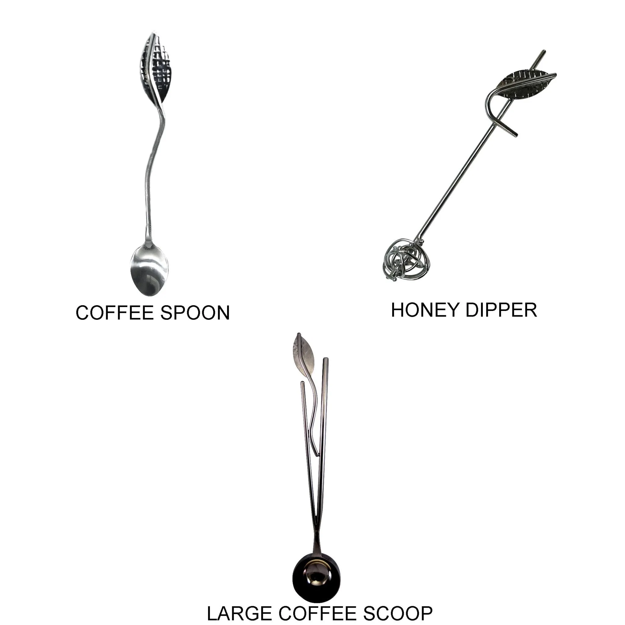 Stainless Steel Kitchen and Serving Utensils Three Piece Set Large Coffee Scoop Coffee Spoon and Honey Dipper by Metallic Evolution