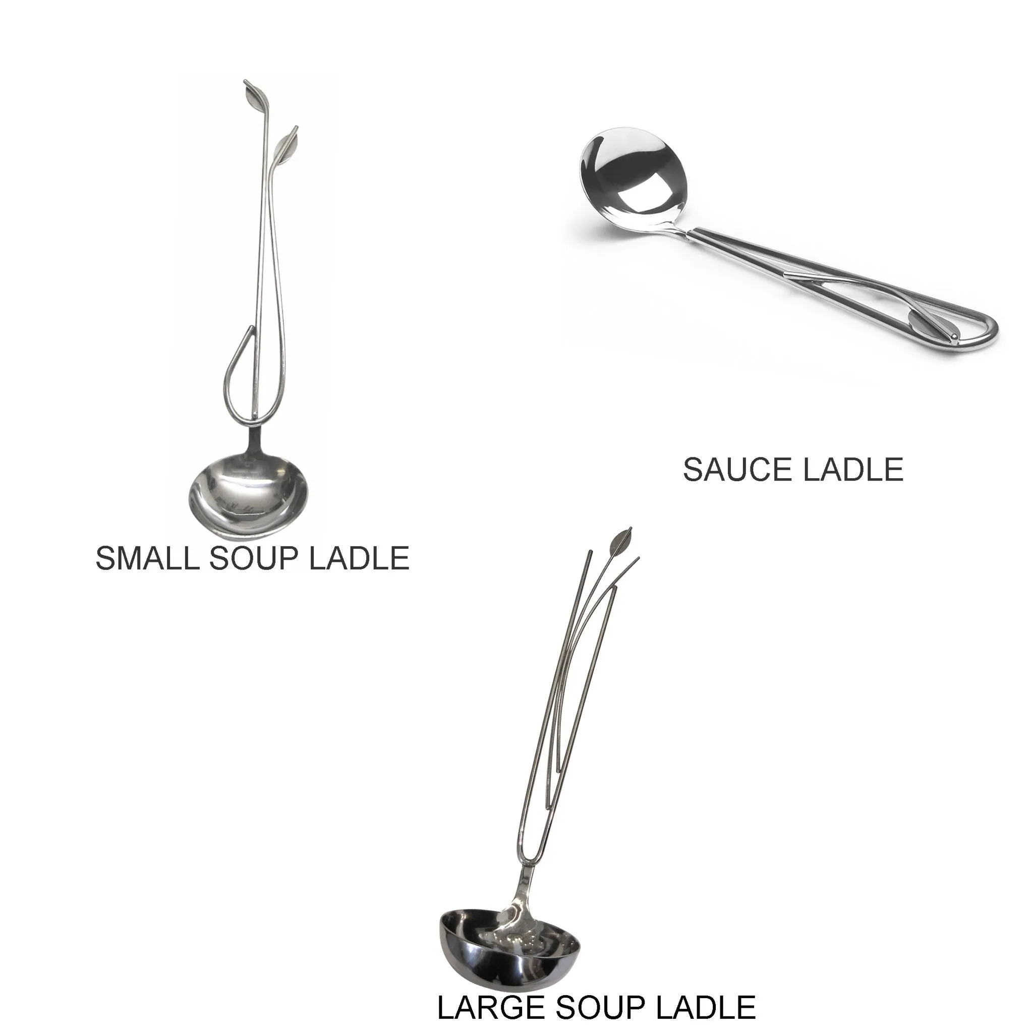 Stainless Steel Kitchen and Serving Utensils Three Piece Set Large Soup Ladle Small Soup Ladle and Sauce Ladle by Metallic Evolution