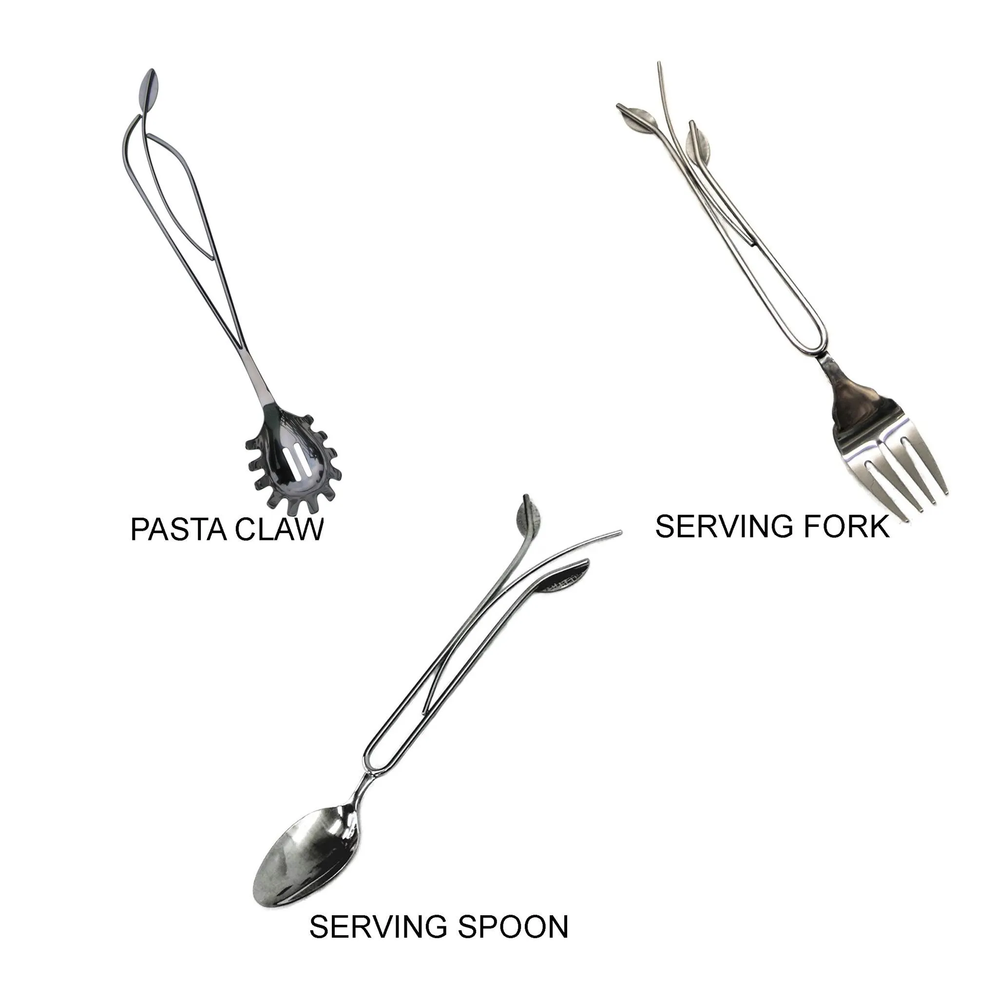 Stainless Steel Kitchen and Serving Utensils Three Piece Set Pasta Claw and Serving Fork Serving Spoon by Metallic Evolution