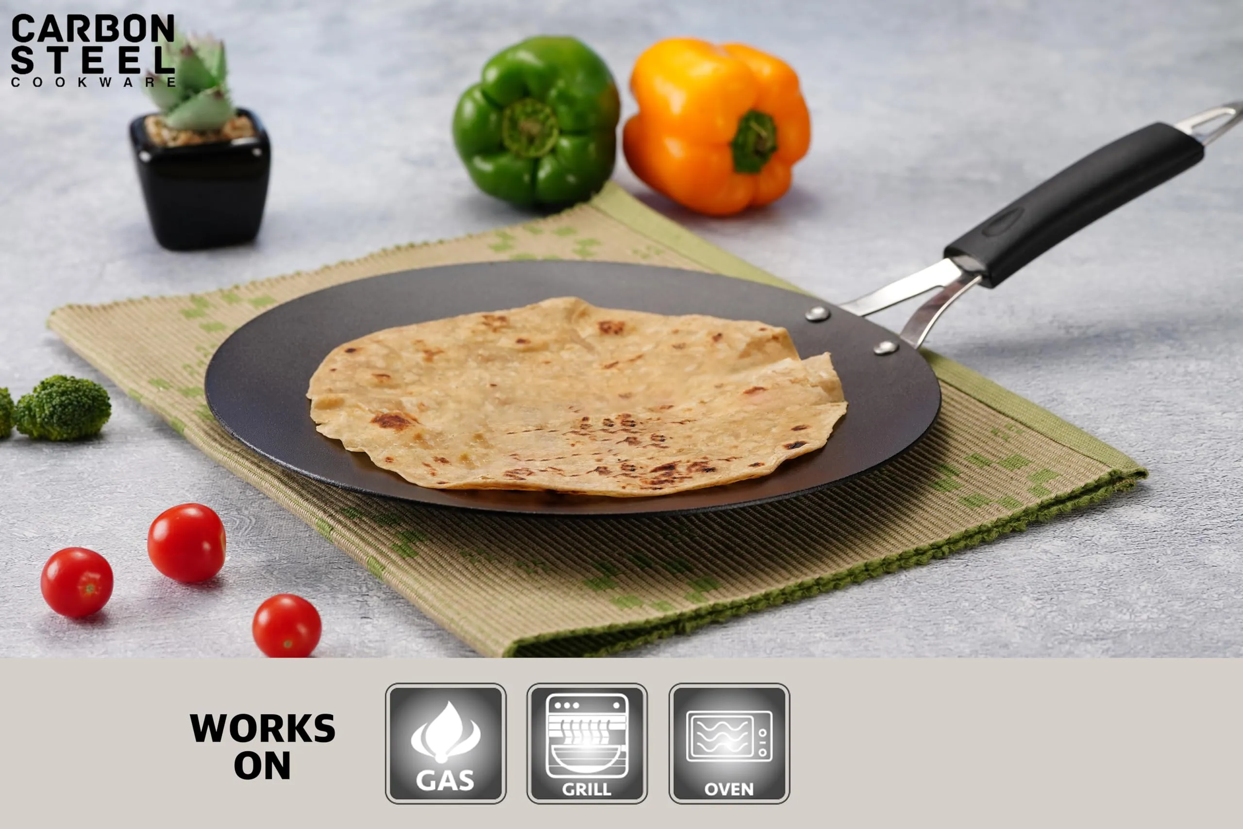 Sumeet Super Smooth Pre Seasoned Carbon Steel (Iron) Concave Tawa for Roti, Chapati, Paratha, Chila |Naturally Nonstick |22.5cm, Gas & Induction-Friendly, Black