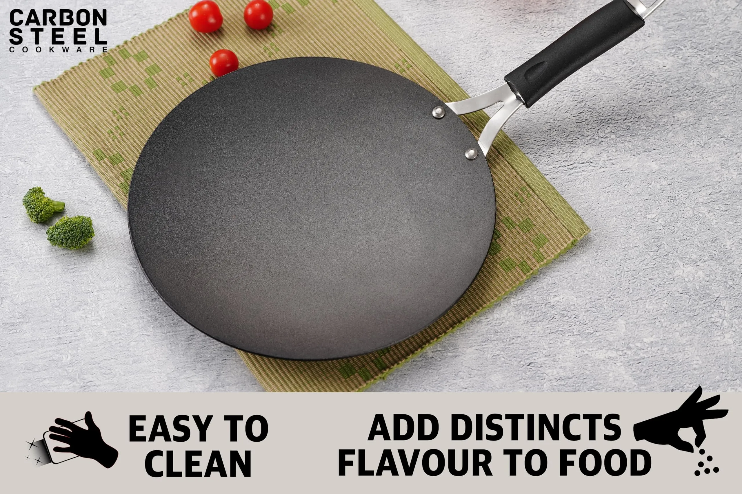 Sumeet Super Smooth Pre Seasoned Carbon Steel (Iron) Concave Tawa for Roti, Chapati, Paratha, Chila |Naturally Nonstick |22.5cm, Gas & Induction-Friendly, Black