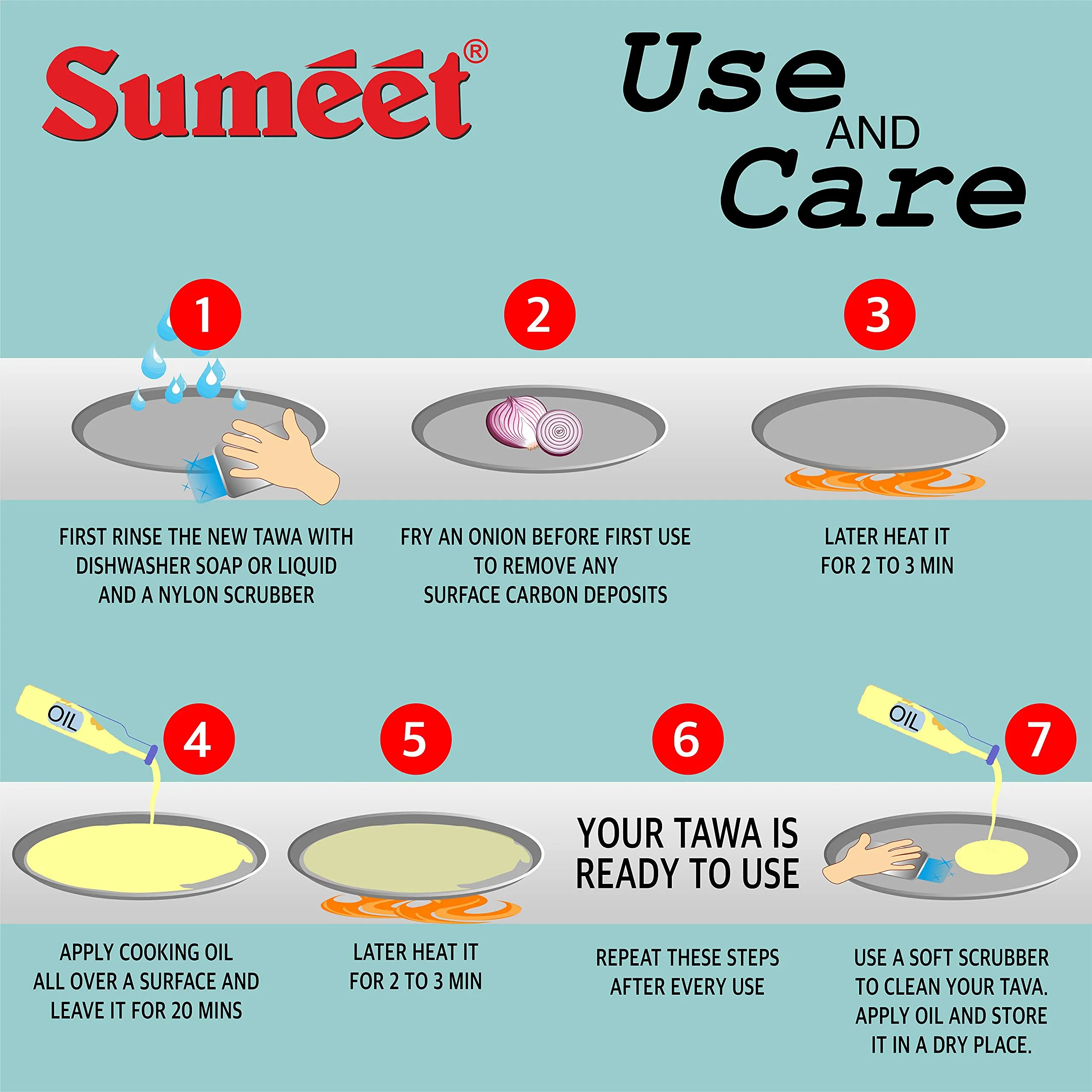 Sumeet Super Smooth Pre Seasoned Carbon Steel (Iron) Concave Tawa for Roti, Chapati, Paratha, Chila |Naturally Nonstick |22.5cm, Gas & Induction-Friendly, Black