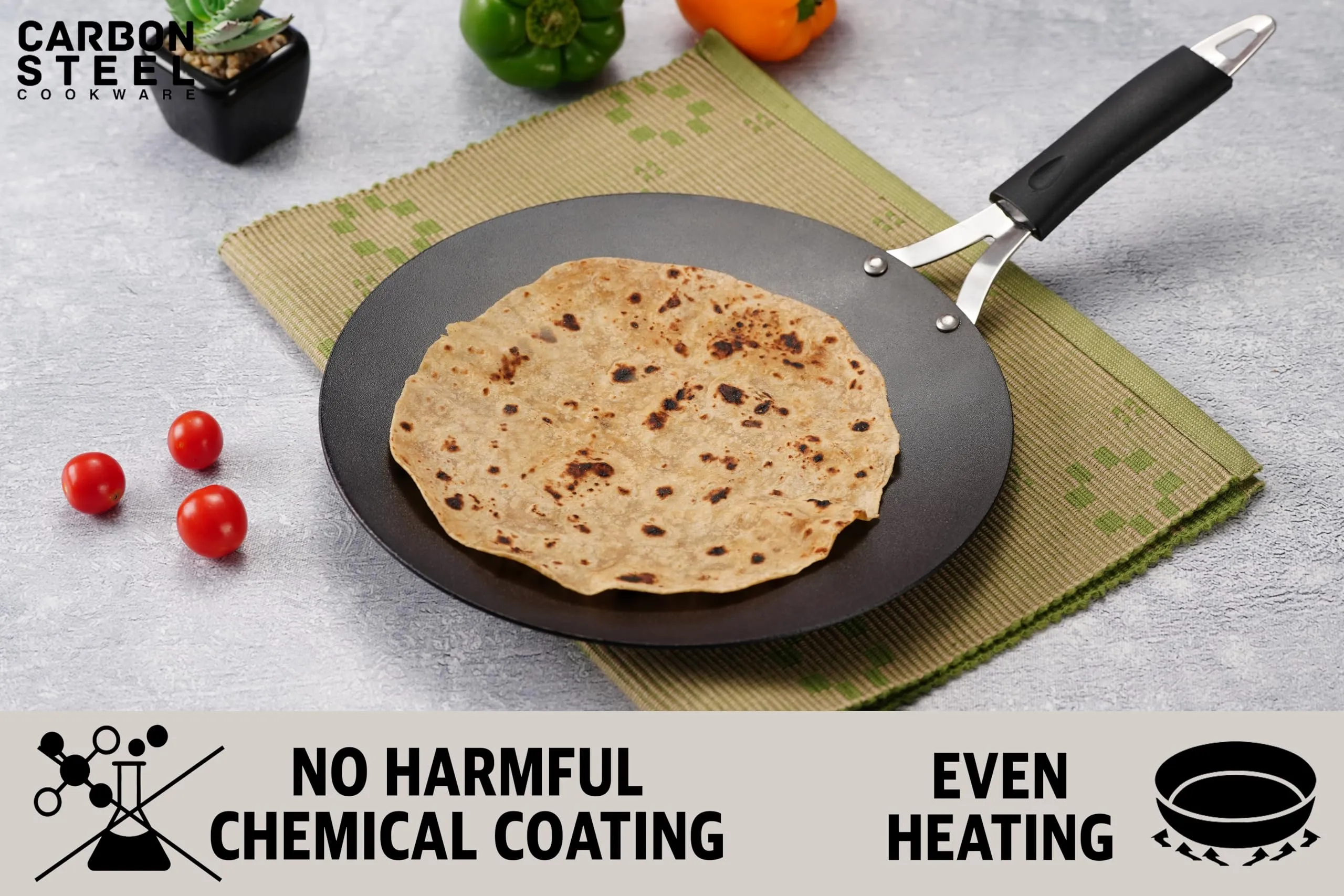 Sumeet Super Smooth Pre Seasoned Carbon Steel (Iron) Concave Tawa for Roti, Chapati, Paratha, Chila |Naturally Nonstick |22.5cm, Gas & Induction-Friendly, Black