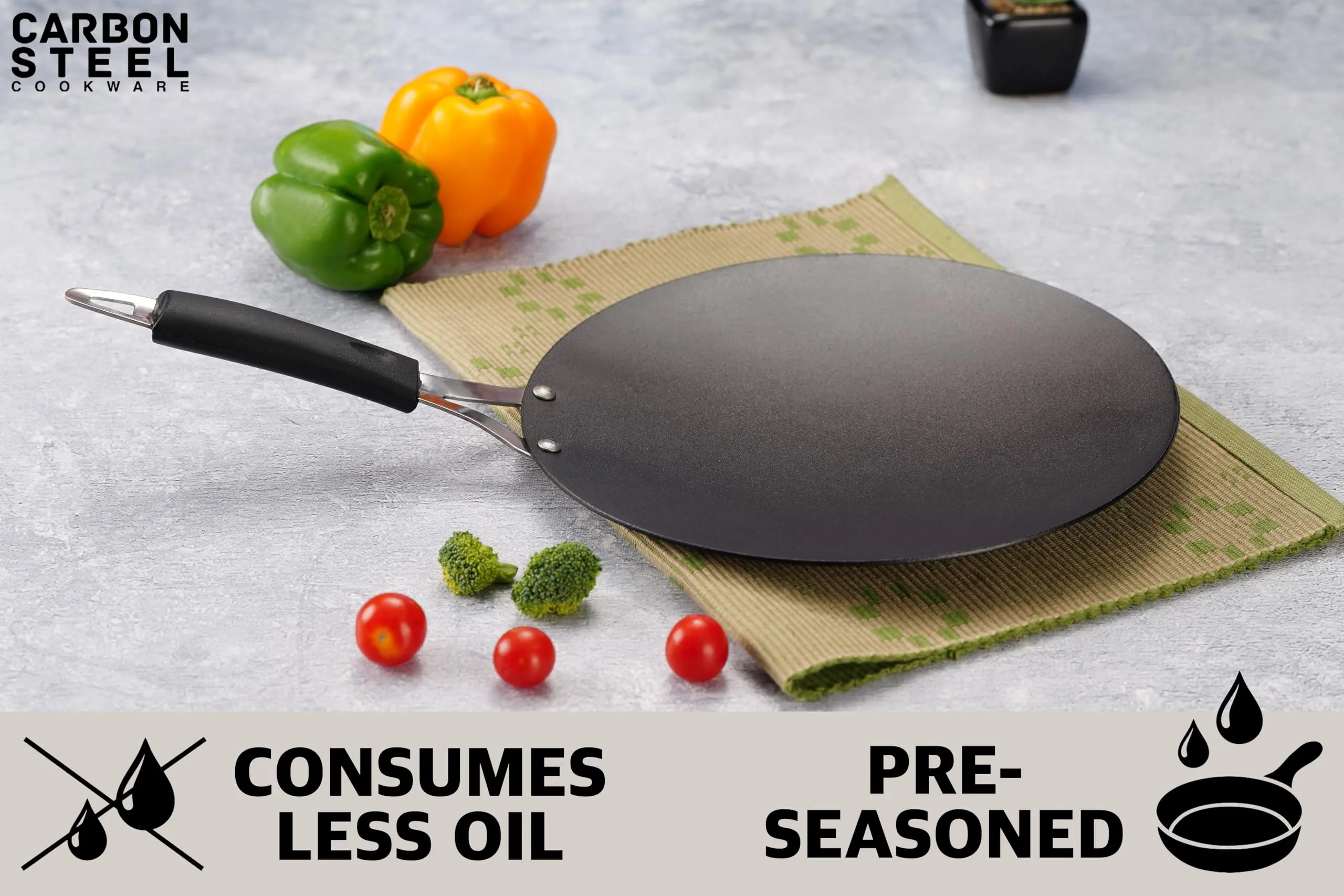 Sumeet Super Smooth Pre Seasoned Carbon Steel (Iron) Concave Tawa for Roti, Chapati, Paratha, Chila |Naturally Nonstick |22.5cm, Gas & Induction-Friendly, Black