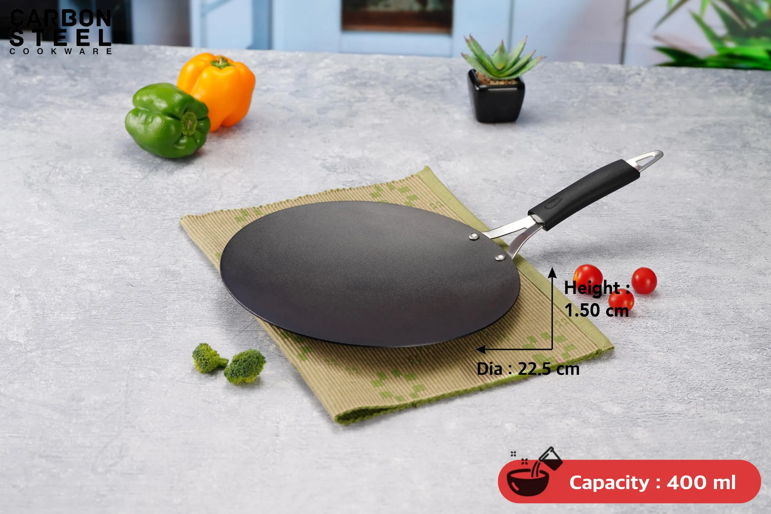 Sumeet Super Smooth Pre Seasoned Carbon Steel (Iron) Concave Tawa for Roti, Chapati, Paratha, Chila |Naturally Nonstick |22.5cm, Gas & Induction-Friendly, Black