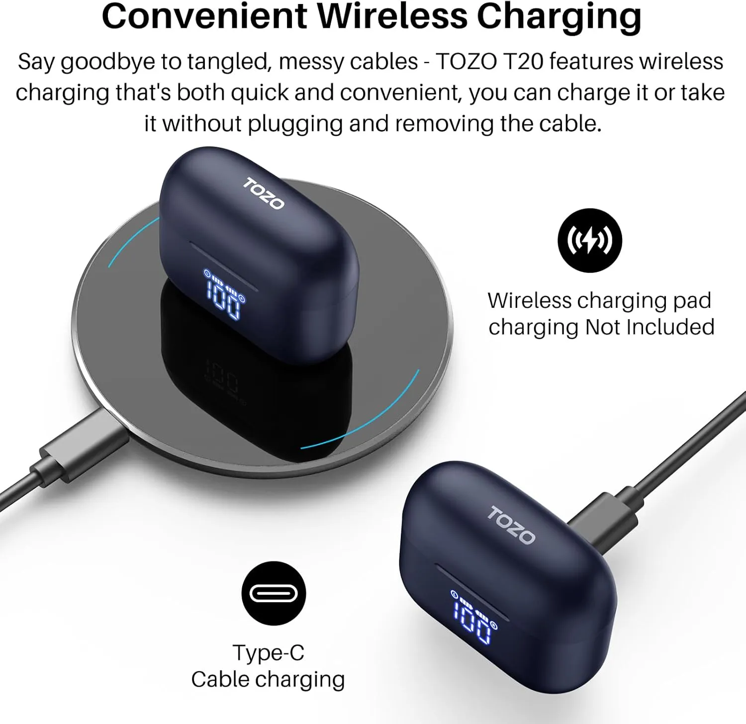 TOZO T20 Wireless Earbuds Bluetooth Headphones 48.5 Hrs Playtime with LED Digital Display, IPX8 Waterproof, Dual Mic Call Noise Cancelling 10mm Broad Range Speakers with Wireless Charging Case Blue