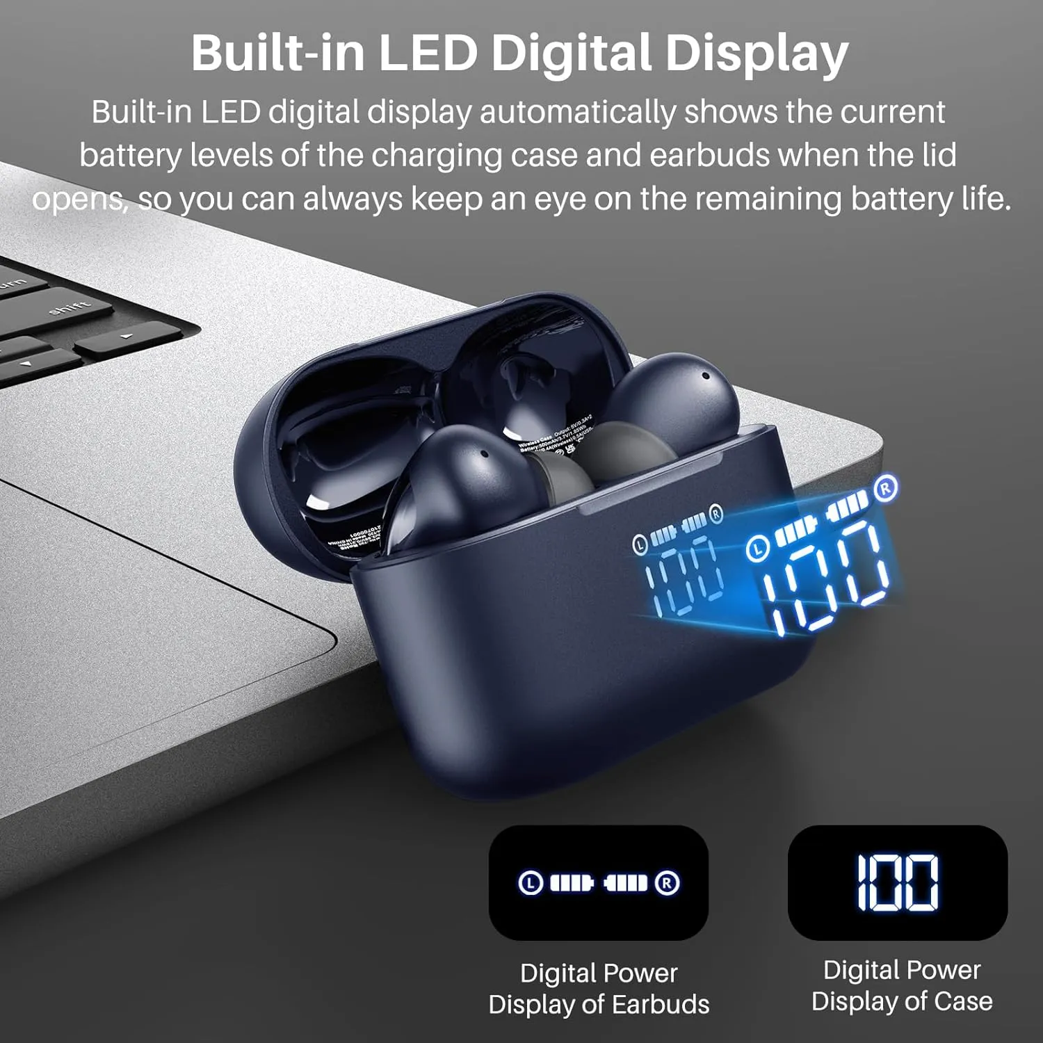 TOZO T20 Wireless Earbuds Bluetooth Headphones 48.5 Hrs Playtime with LED Digital Display, IPX8 Waterproof, Dual Mic Call Noise Cancelling 10mm Broad Range Speakers with Wireless Charging Case Blue