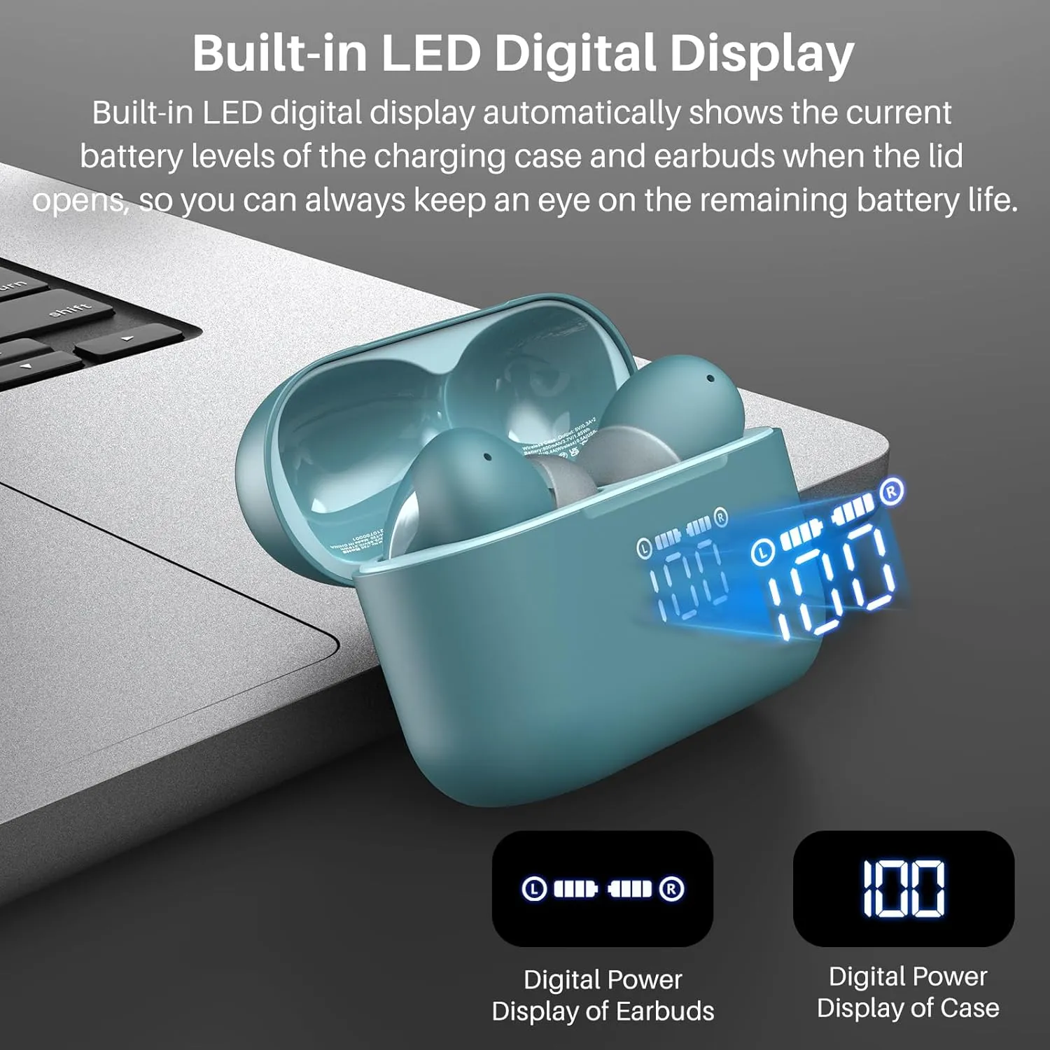 TOZO T20 Wireless Earbuds Bluetooth Headphones 48.5 Hrs Playtime with LED Digital Display, IPX8 Waterproof, Dual Mic Call Noise Cancelling 10mm Broad Range Speakers with Wireless Charging Case Green
