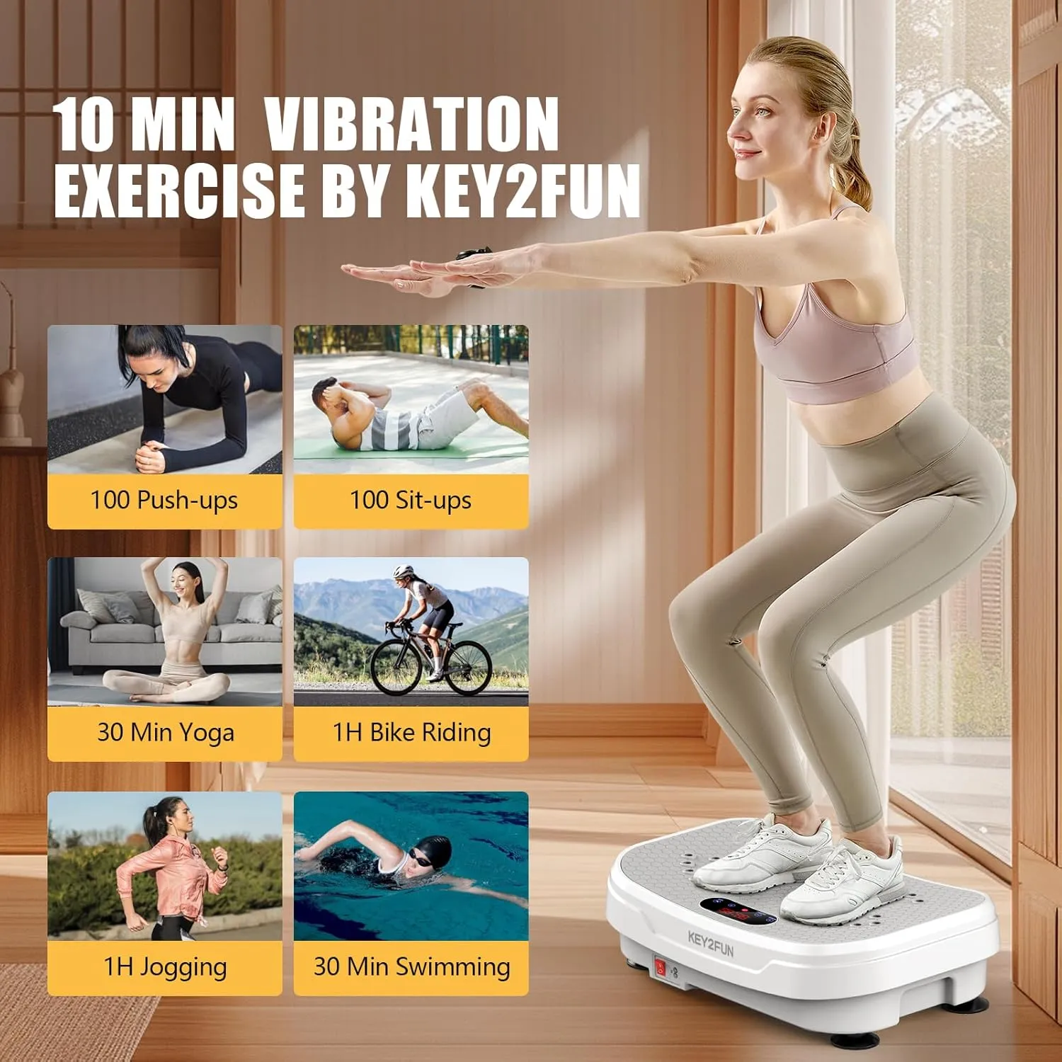 Vibration Plate Exercise Machine, KEY2FUN 2025 Upgraded Vibration Plate for Lymphatic Drainage, Large-Size Vibrating Platforms with Resistance Bands, 330LBS Capacity Shake Board for Home Fitness